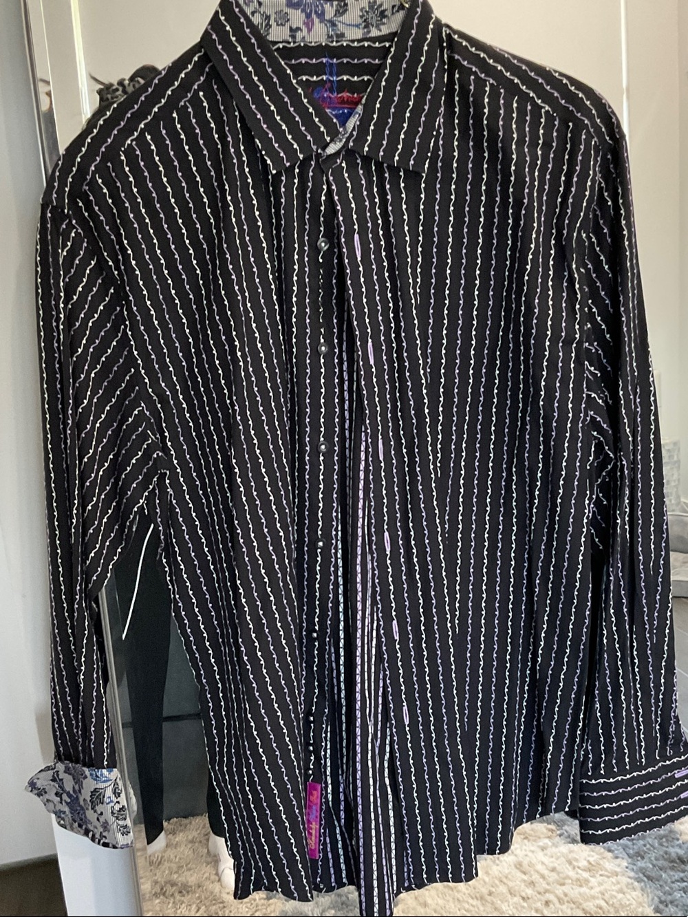Robert Graham Black Button-Down Shirt with White Pinstripes